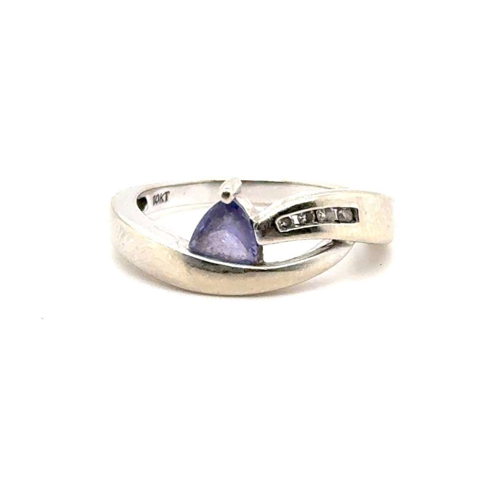10k White Gold Tanzanite Diamond Trillion Bypass Ring Size 6.5 3.5g